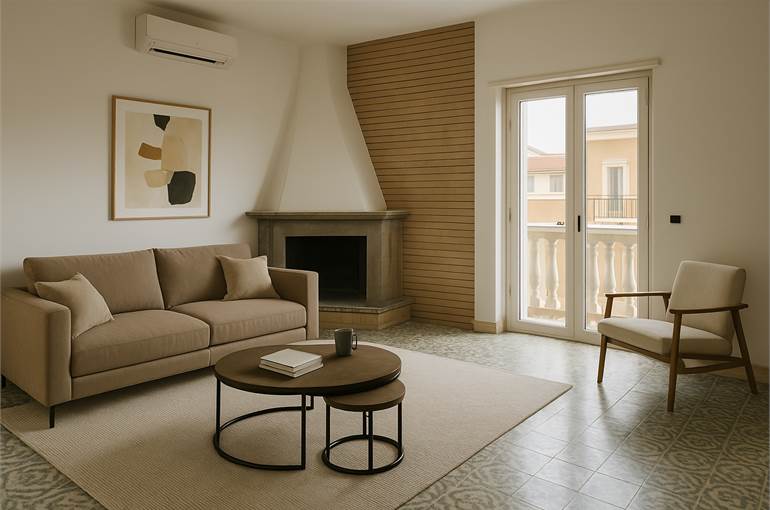 Soggiorno con camino render